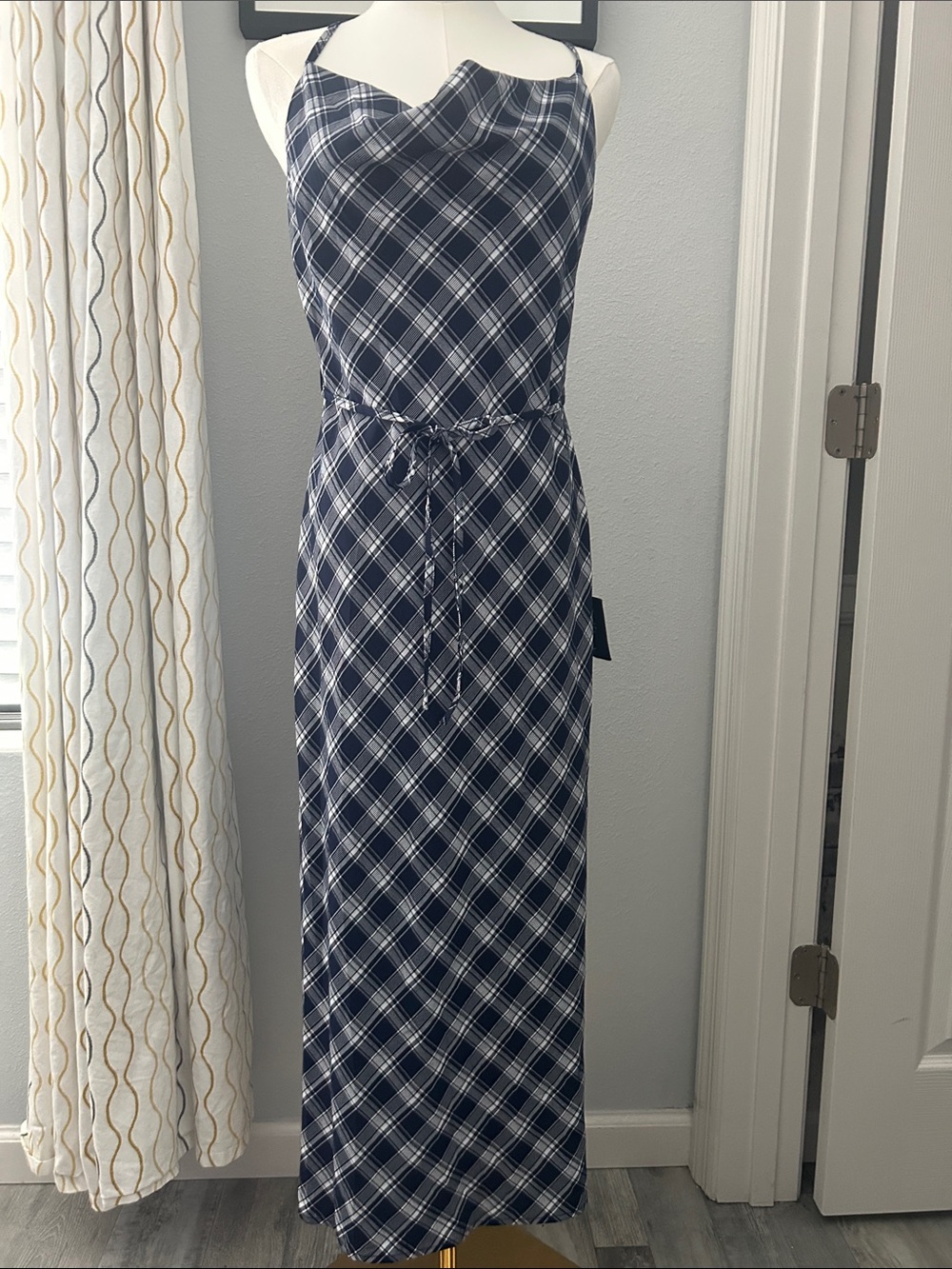 Lulu's Navy and White Plaid Maxi Dress with Tie Waist
